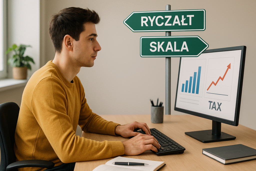 Początkujący przedsiębiorca analizuje opcje formy opodatkowania między ryczałtem a skalą podatkową.