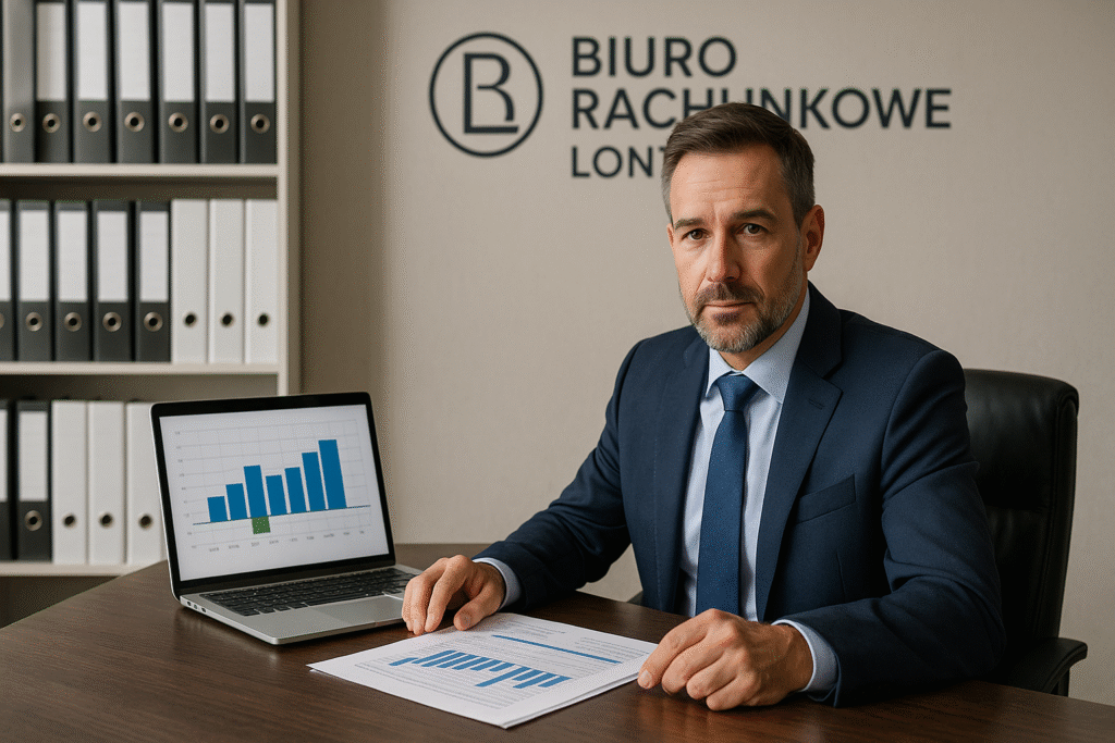 Właściciel firmy analizujący raport księgowy przy biurku