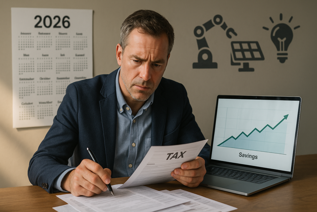 Przedsiębiorca analizujący dokumenty podatkowe z ikonami ulg na 2026 rok