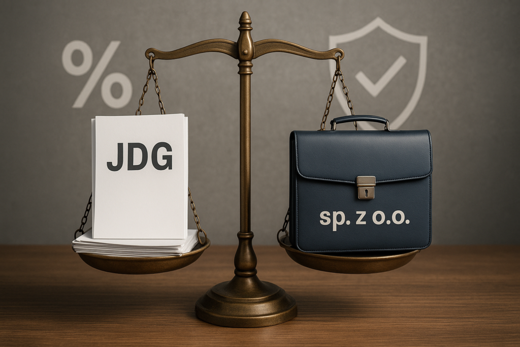 Porównanie JDG i spółki z o.o. na symbolicznej wadze z ikonami podatków i tarczy ochronnej