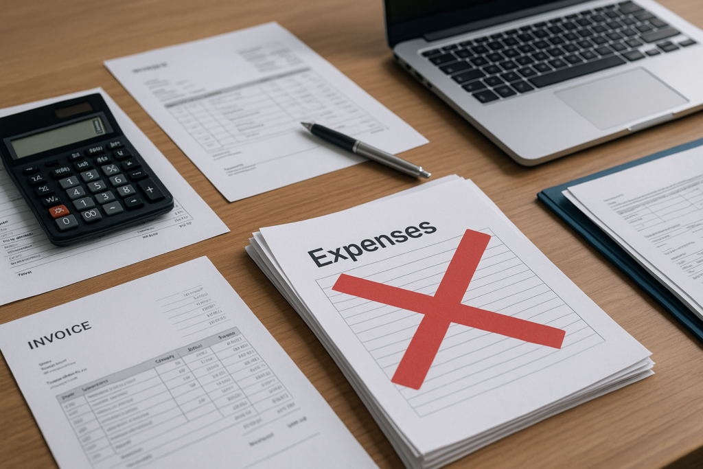 Dokumenty firmowe, faktury i kalkulator przy analizie wydatków wyłączonych z kosztów działalności