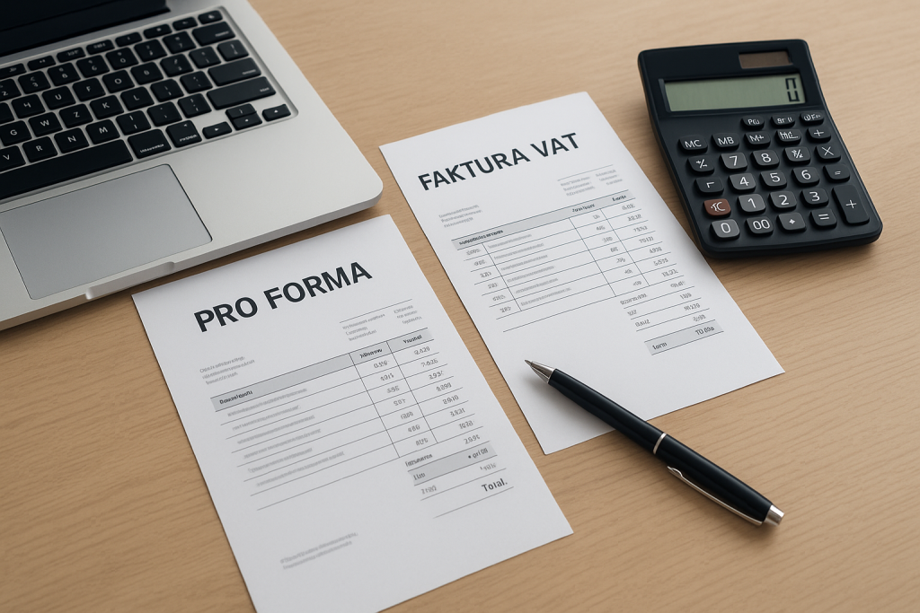 Dokumenty pro forma i faktura VAT na biurku przedsiębiorcy z laptopem i kalkulatorem
